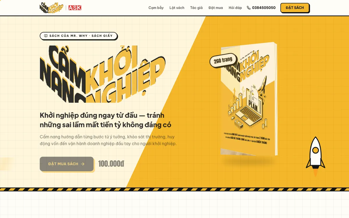 Ảnh chụp landing page Sách Cẩm Nang Khởi Nghiệp