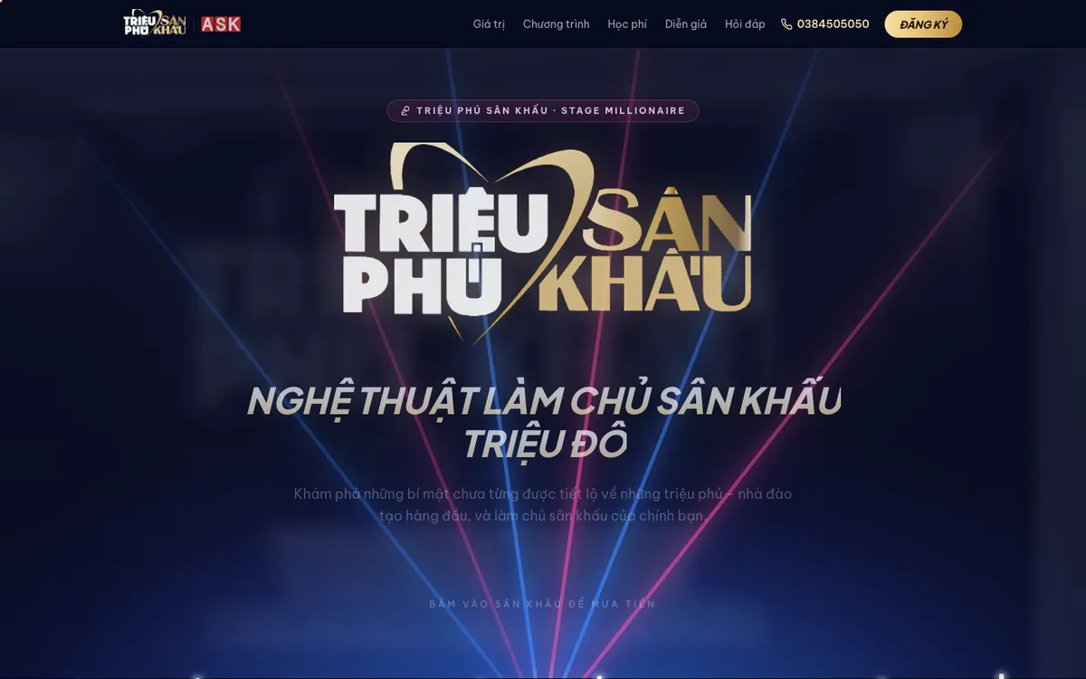 Ảnh chụp landing page Triệu Phú Sân Khấu